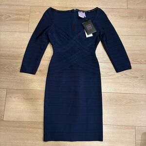 NWT Herve Leger Alicia V-neck Bandage Dress Classic Blue Navy Sweetheart Size S